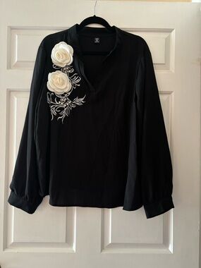 SHEIN Black Blouse with White Floral Rosette Detail